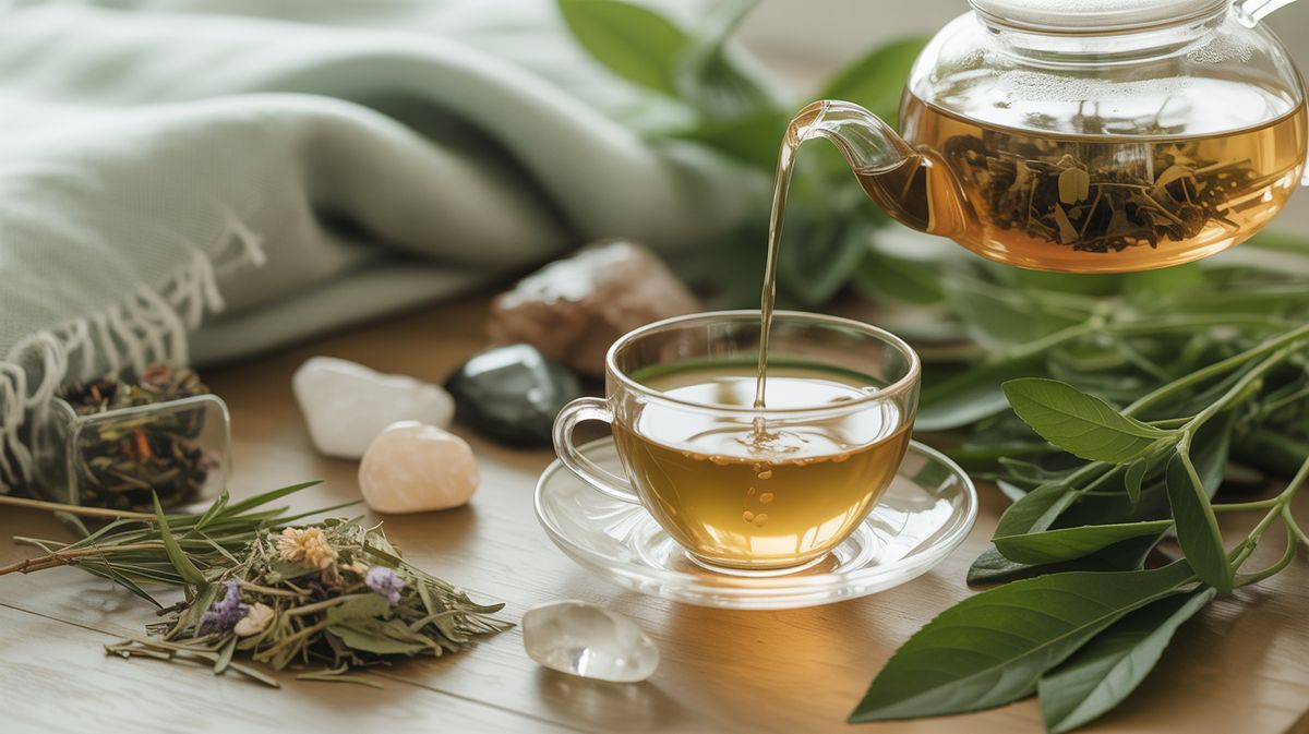 Herbal tea being poured surrounded by natural healing ingredients